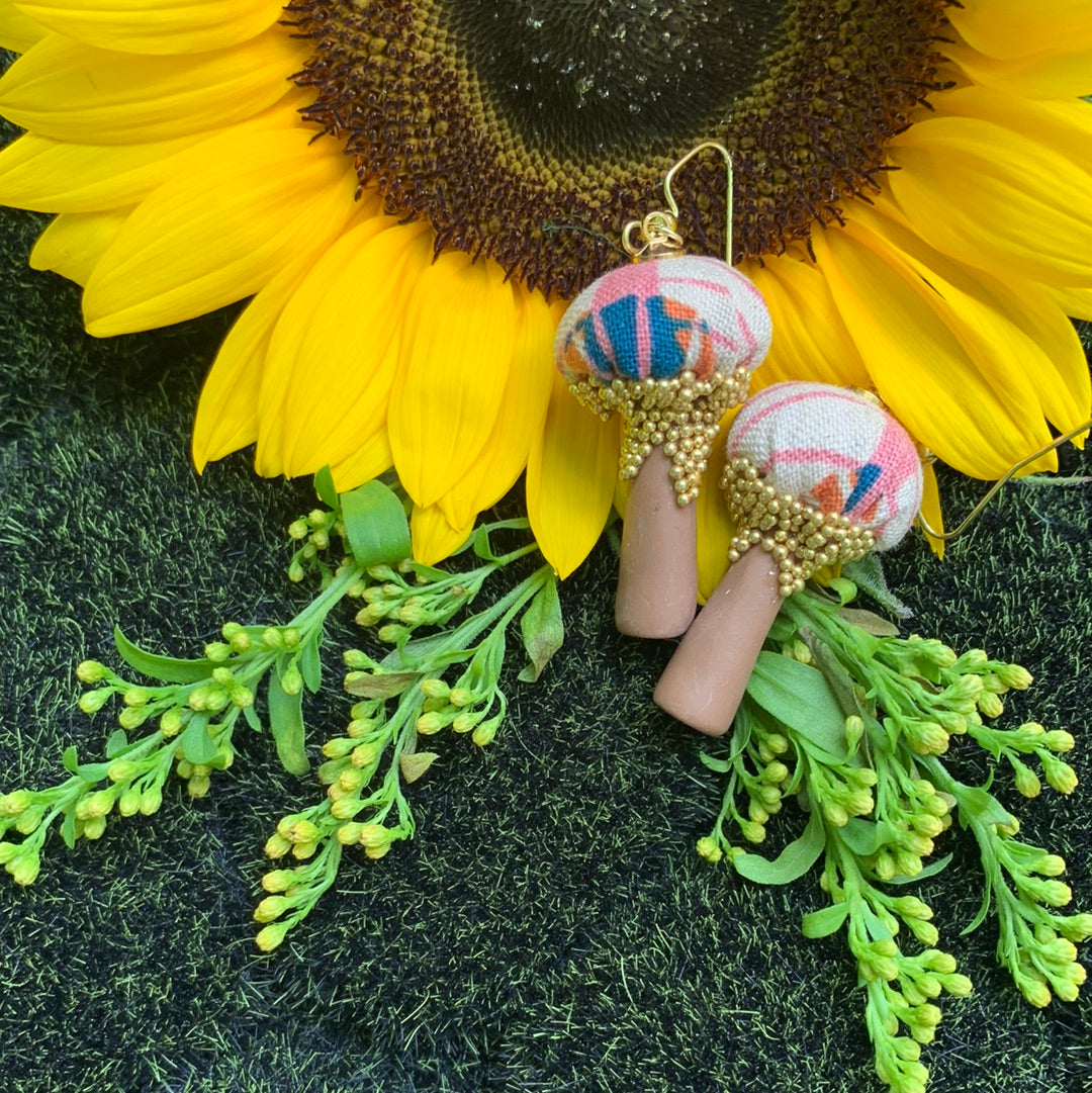 Cotton Print Mushroom Earrings