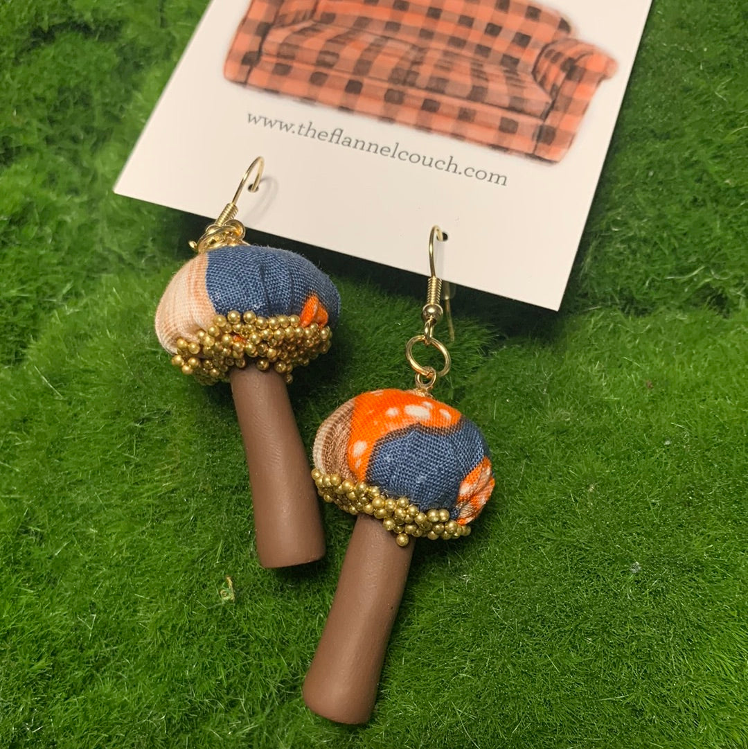 Cotton Print Mushroom Earrings
