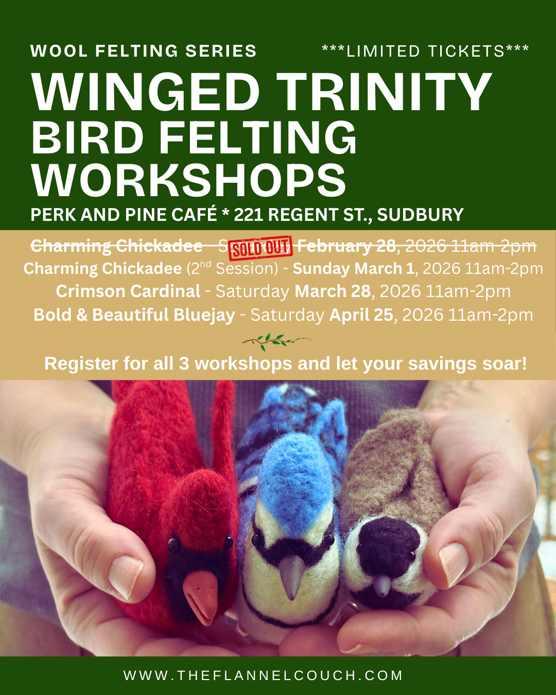 Winged Trinity Bird Felting Workshop/Chickadee (2nd Session)/ Perk and Pine/ Sunday March 1, 2026 11am-2pm